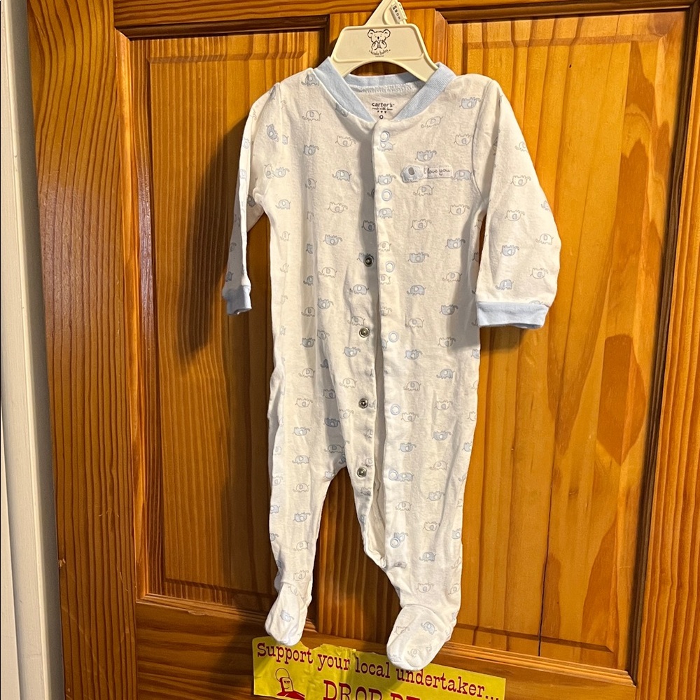 Carter's Light Blue and White Footed One Piece w/ Elephant Print Size 9 Months
